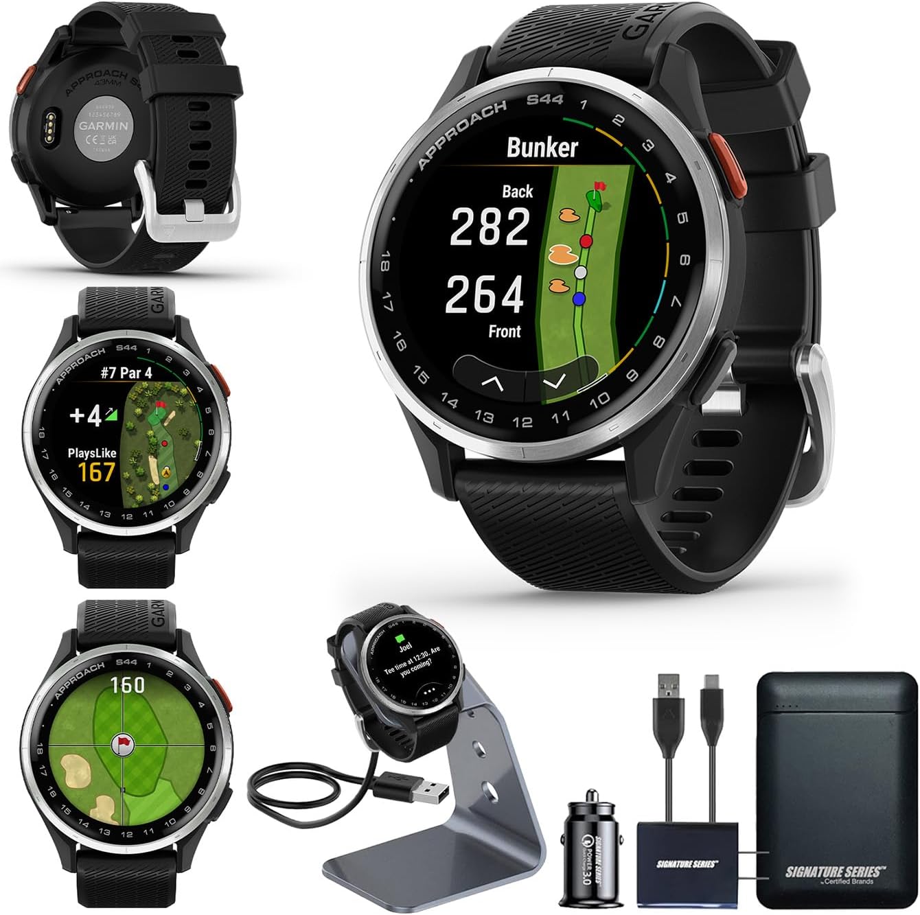 Garmin Approach S44 Essential Golf GPS Smartwatch | AMOLED Touchscreen Display | On-Course Features and Signature Series Power Bundle | Black Silicone Band