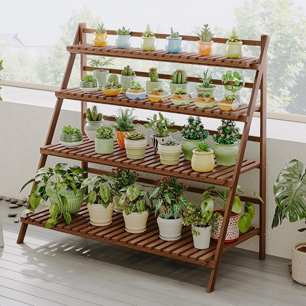 Support échelle en bambou pour plantes - 4 niveaux - Pliable - Pour intérieur et extérieur - Pour la maison, la terrasse, la pelouse, le jardin, le balcon - Marron