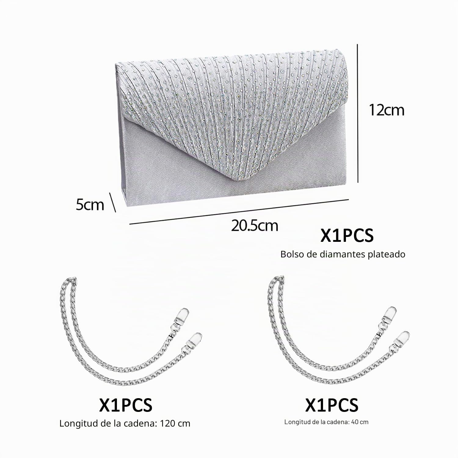 Un bolso de mano con 1 pieza de 120 cm y 1 pieza de cadena de plata de 40 cm de cadena plateada con diamantes de imitación de satén brillante para bailes, cenas, fiestas, bodas