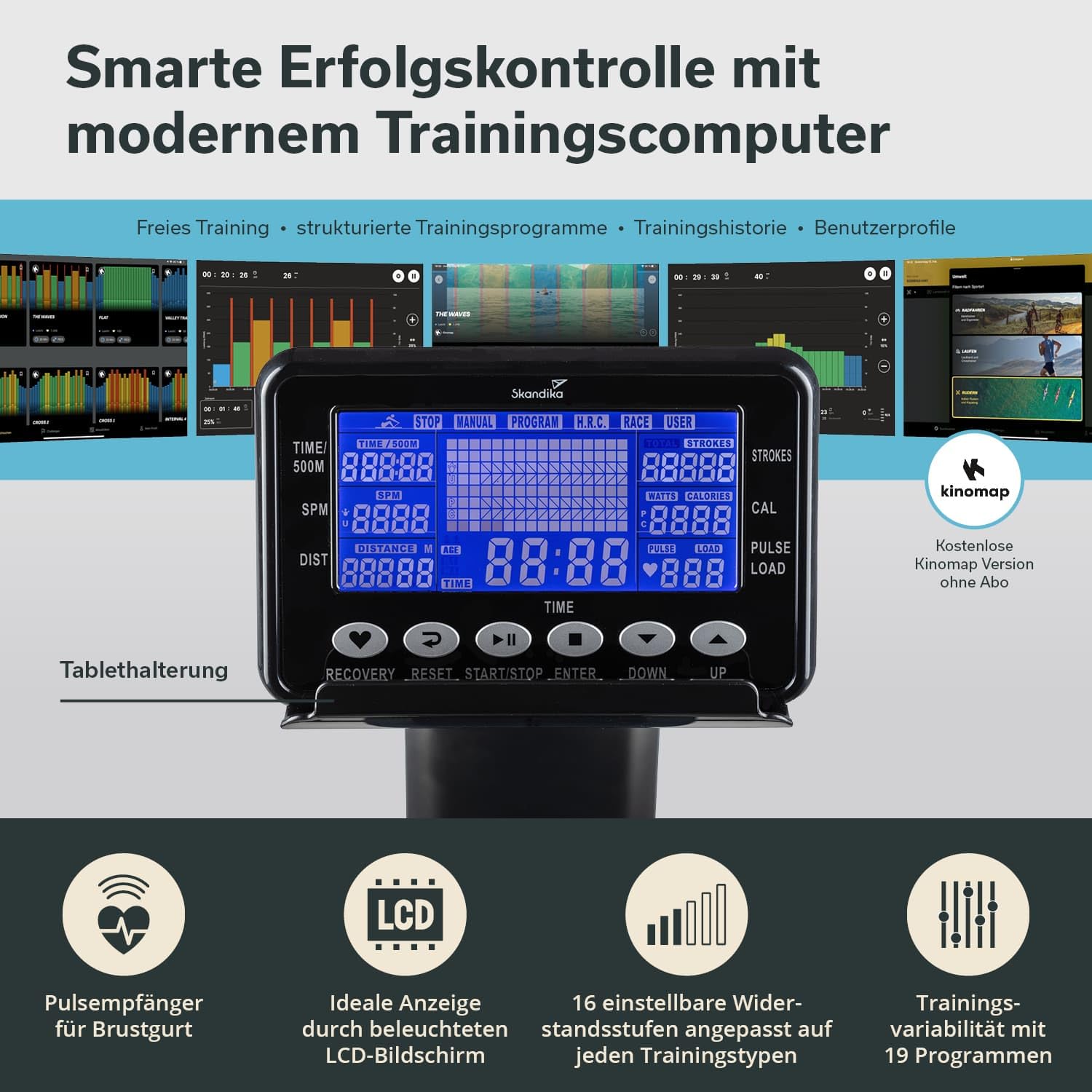 Skandika Rudergerät Njord | Ruderergometer mit 16 Stufen, klappbar, Studioqualität, 8 kg Schwungmassensystem, max. 180 kg, Lange Laufschiene, Kinomap, Bluetooth, | Fitnessgerät für Zuhause