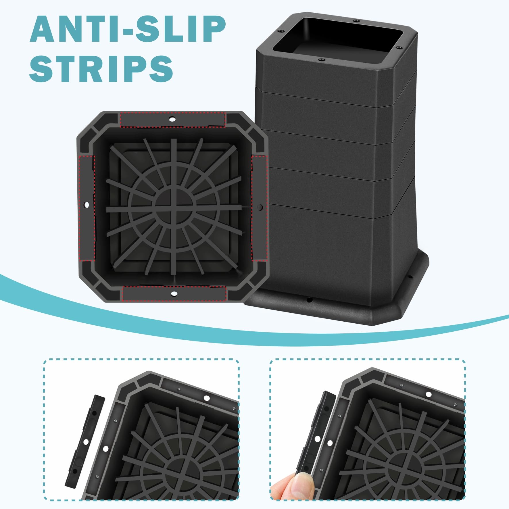 Rialzi per letto da 5, 7, 10, 12 o 15 cm, impilabili, regolabili, antiscivolo, per divani, tavoli, set da 4, colore nero
