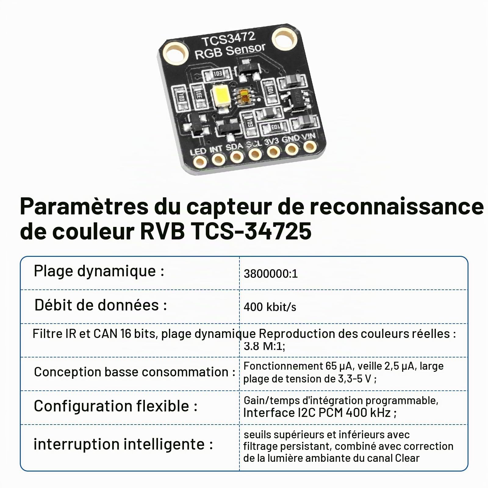TCS34725 Capteur de Couleur de lumière AYWHP 2 PCS RVB Module de détection de Couleur Capteur de Couleur RVB Compatible avec Arduino