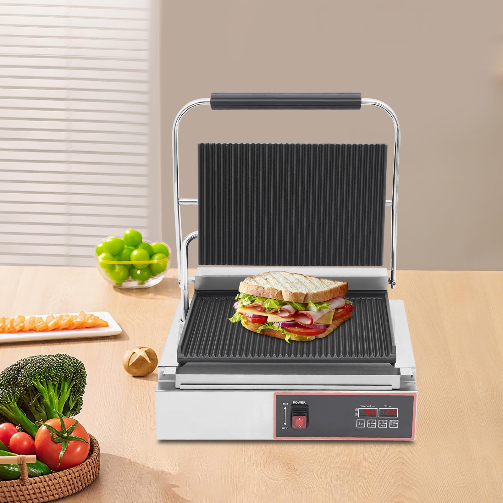 Kontaktgrill Elektrogrill Sandwichtoaster 34 × 23cm, Elektrischer Tischgrill einstellbare Temperatur und Timer, Antihaftbeschichtete, Plattengriller für Panini, Toasts, Steak, Gemüse