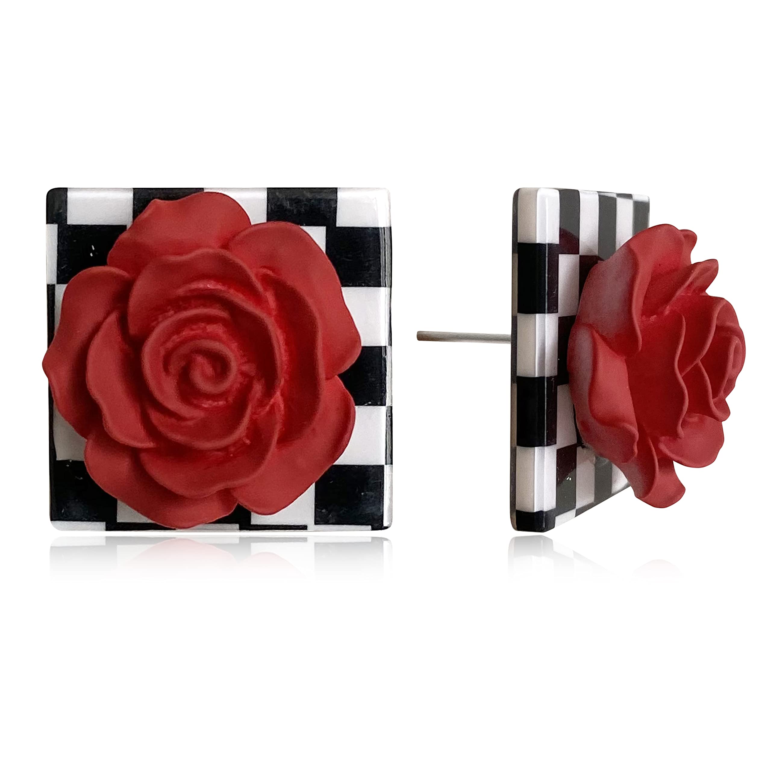 NONQLHandmade Elegant Cute Acrylic Rose Flower Stud Earrings Unique Minimalist Vintage Black White Resin Square Grid Stud Earring for Women Statement Jewelry Gifts