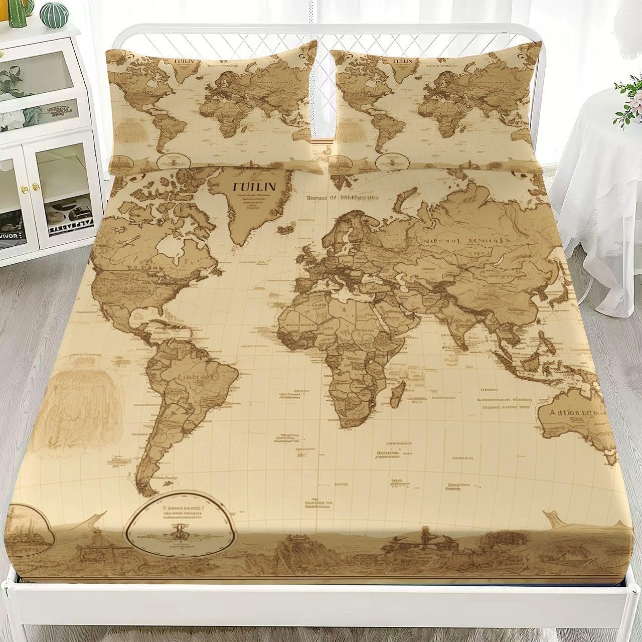 Bsyyzqc Boys World Map Single Fitted Sheet Vintage Bed Sheets Deep Pocket 12 Inch (30 Cm) Soft Cozy 3 Piece Microfibre Bed Sheet 90X190 Cm With 2 Pillowcases 50X75 Cm