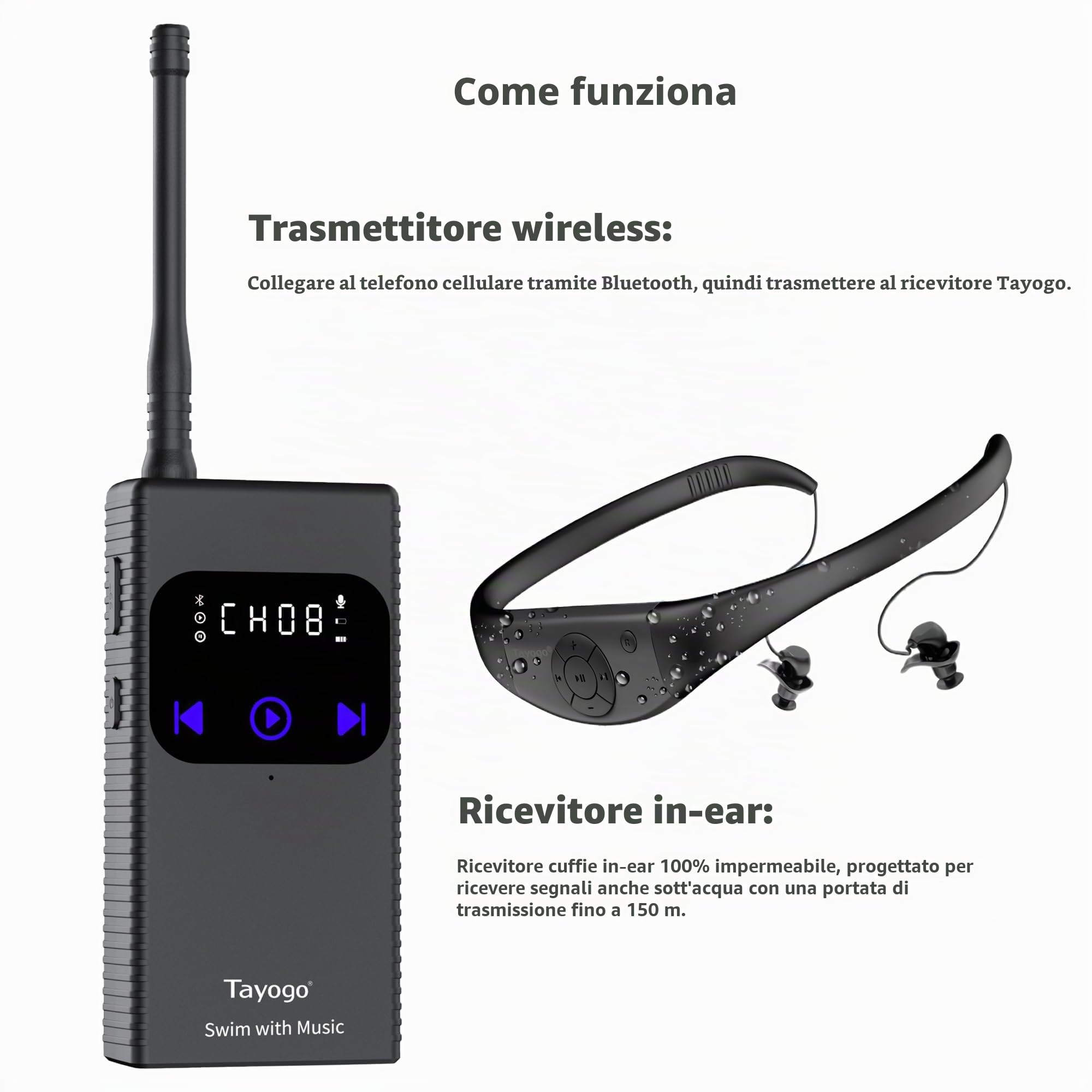 Tayogo Cuffie Subacquee per Piscina – Trasmettitore Wireless, Ideale per Spotify e Audible, Cuffie In-Ear Impermeabili per Nuoto, Lettore MP3 Acquatico, Allenatori e Attività Acquatiche