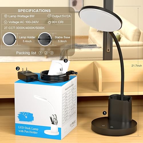 Miniatura 6 de comzler Lámpara de escritorio pequeña, lámparas de escritorio LED con soporte para bolígrafo y teléfono, luz de escritorio negra para oficina en