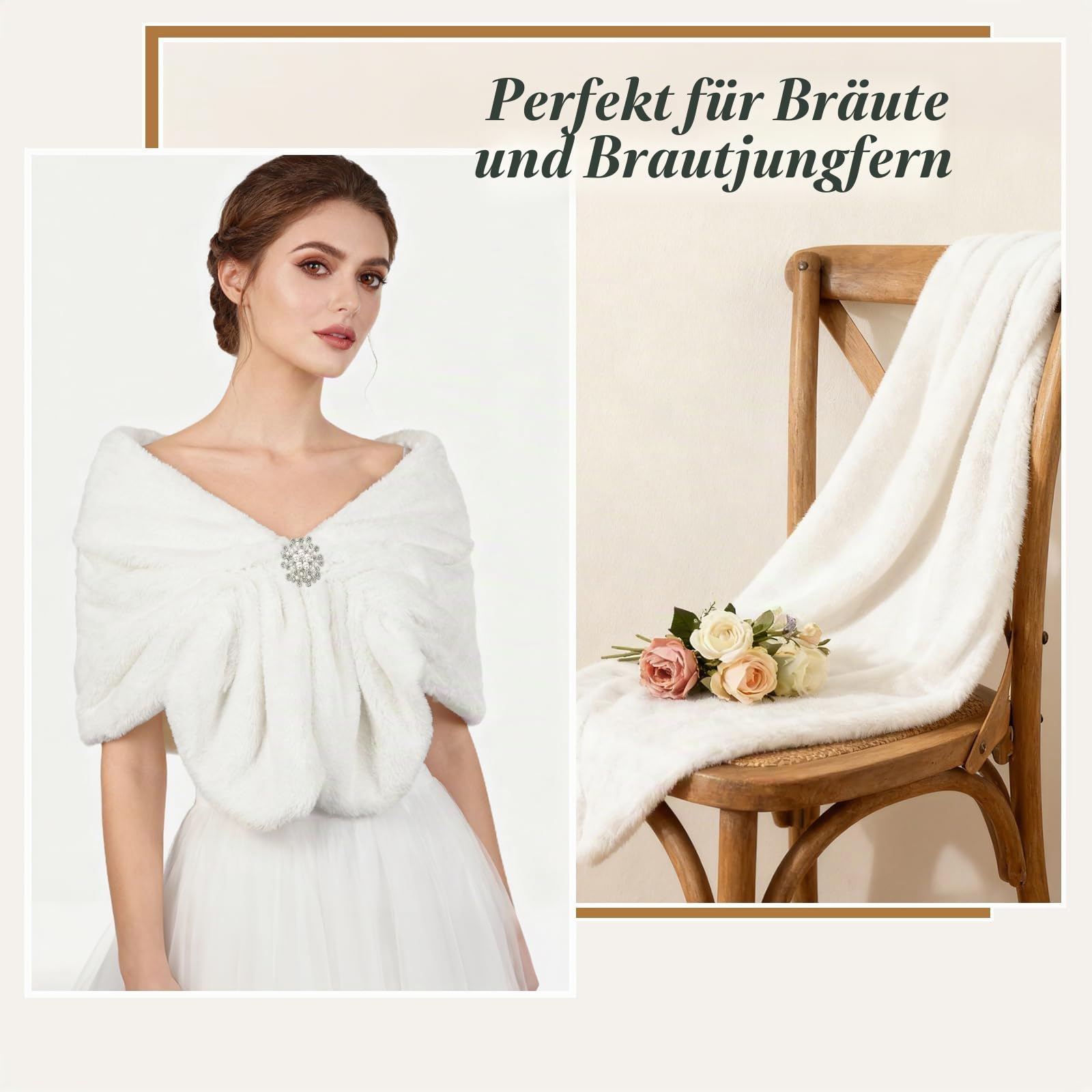 Kunstfell-Stola für Frauen,Elegante Brautstola mit Brosche für Hochzeit, Abendkleid & Party, Flauschige weiße Abendcape für Braut, Brautjungfern & Cheongsam (Einheitsgröße)