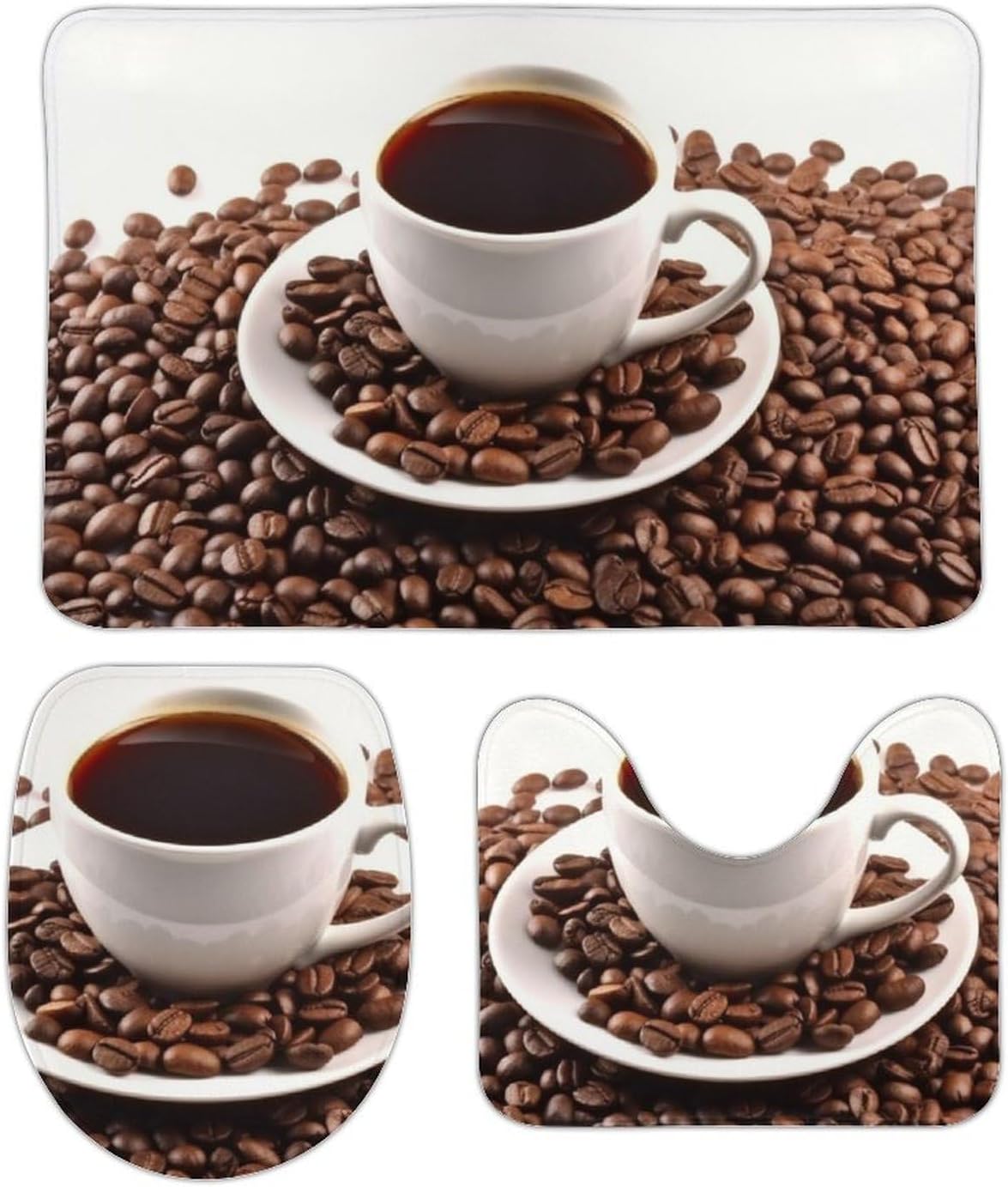 Bathroom Rugs Sets 3 Piece Super Absorbent Bathroom Mats Set Coffee Beans & Cup Bath Rug, Contour Mat and Toilet Lid Cover, Washable Non-Slip Bath Mats Carpet for Bathroom