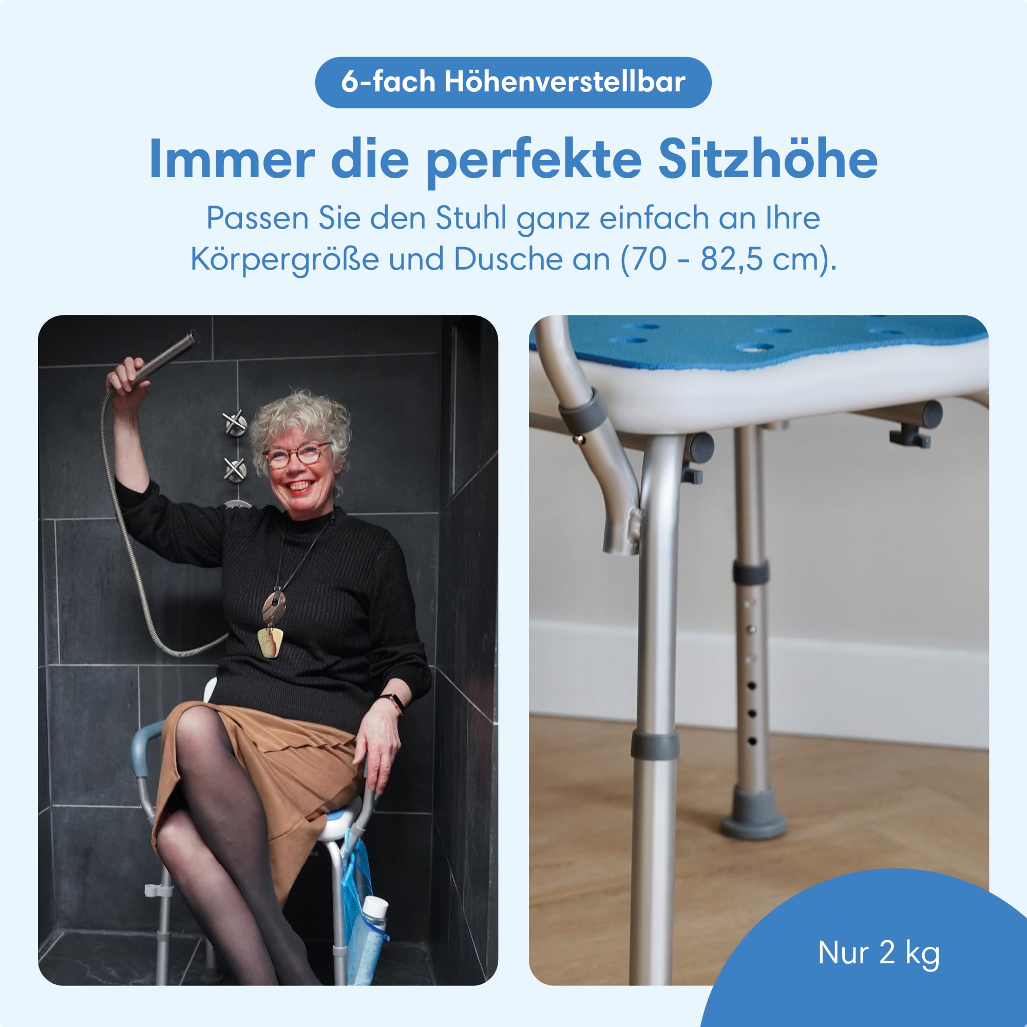 Safe Age® Duschstuhl mit Abnehmbarer Rückenlehne und Armlehne - rutschfest - höhenverstellbar - Duschstuhl für senioren