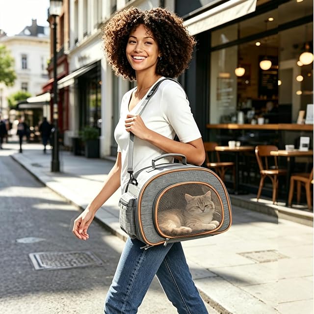 Foto 2 de 7 de PETCUTE Transportin para Gatos, Bolsa de Transporte de Mascotas Plegable con Correa de Hombro Ajustable,Mango…