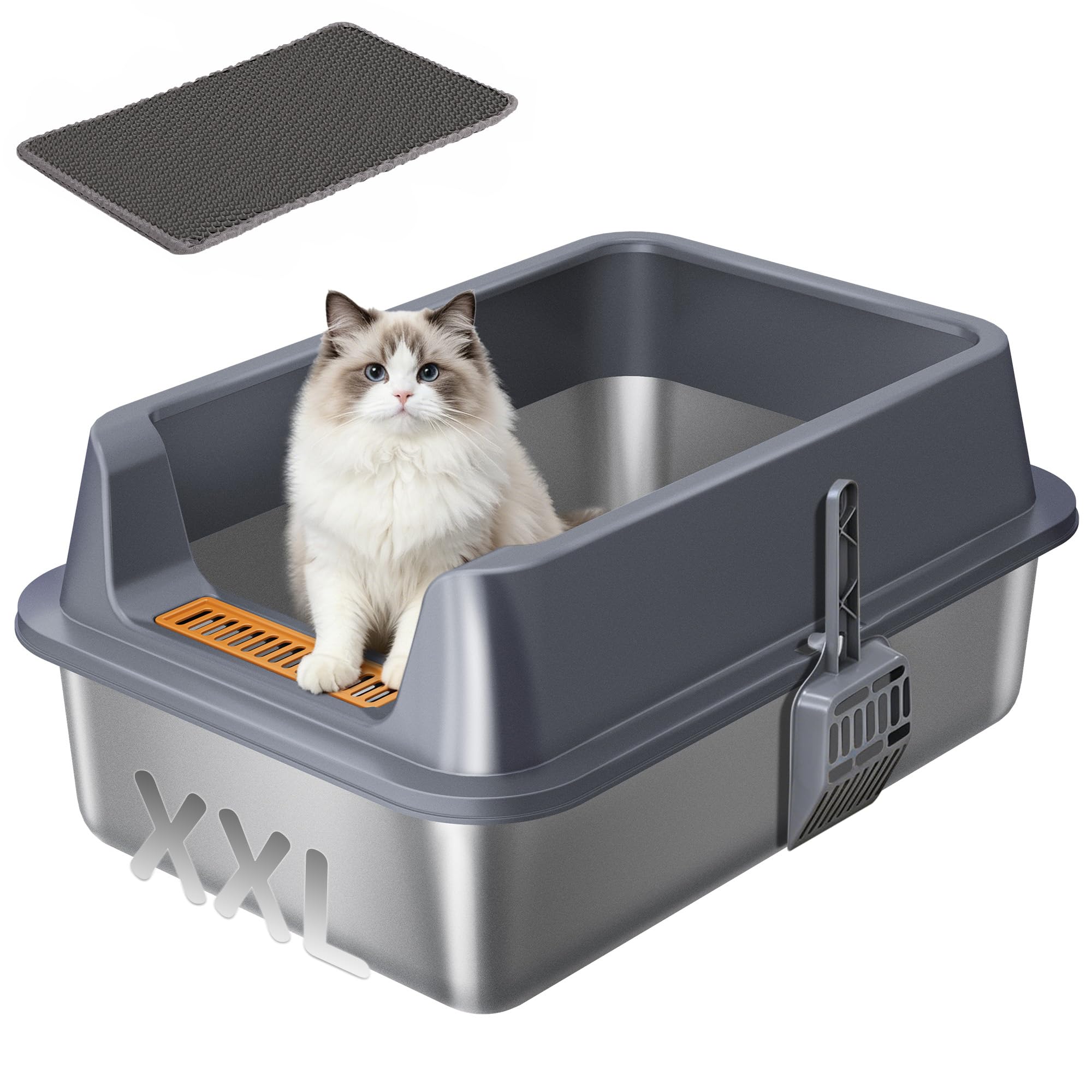 Hzuaneri Lettiera in Acciaio Inox XXL, Lettiera per Gatti Grandi da 30L 60x40x26 cm, Cassetta Igienica con Bordi Alti Semichiusa, Antiaderente, con Paletta e Tappetino, Grigio Scuro ELB89799G