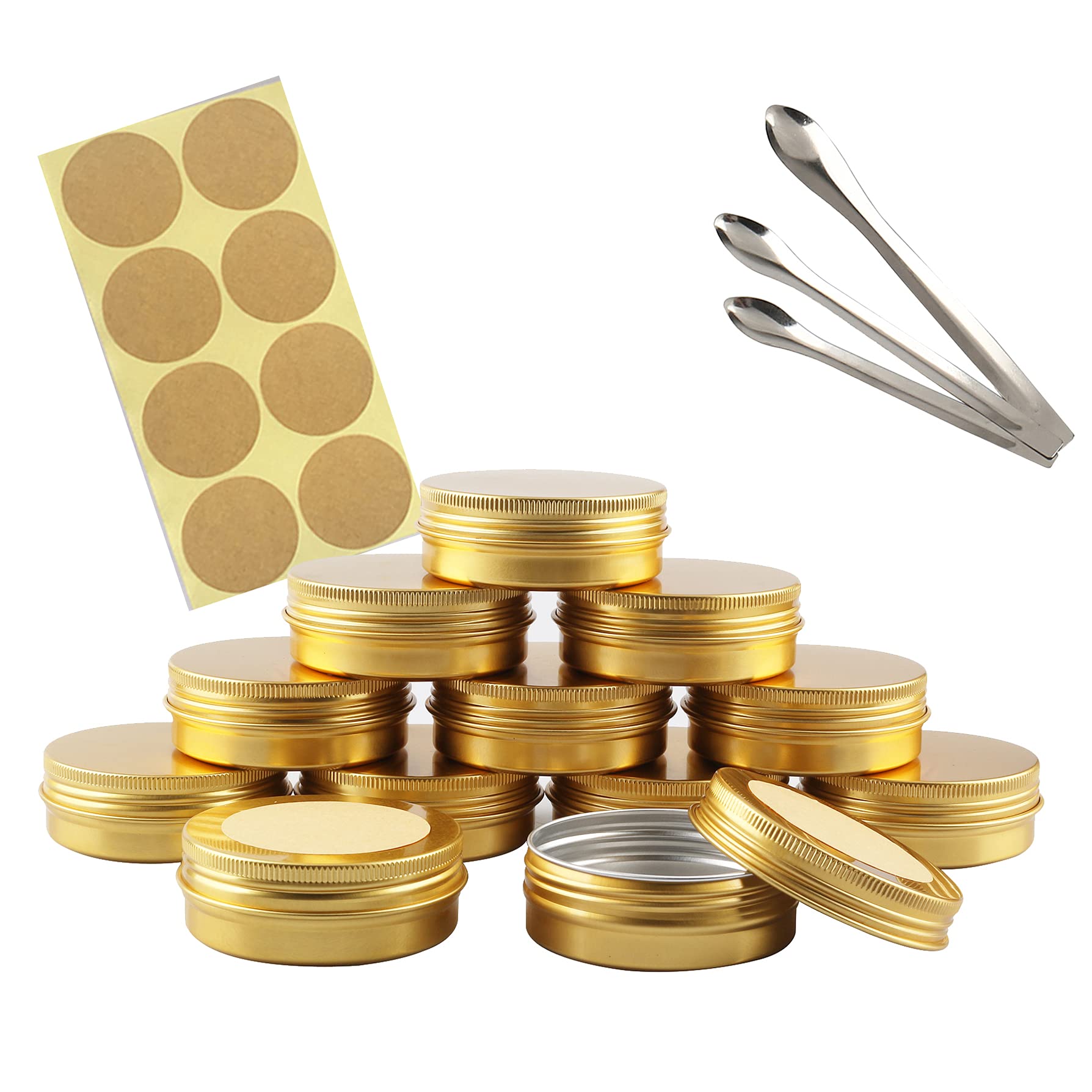 Tianzd Gold 10 Pieces 60 Ml Empty Round Aluminum Tin Jars With Screw Lids Cosmetics Lip Balm Containers Pots For Diy Candle Salve Salt Powder Crafts Storage Cans With 3X Spoon, 10X Labels