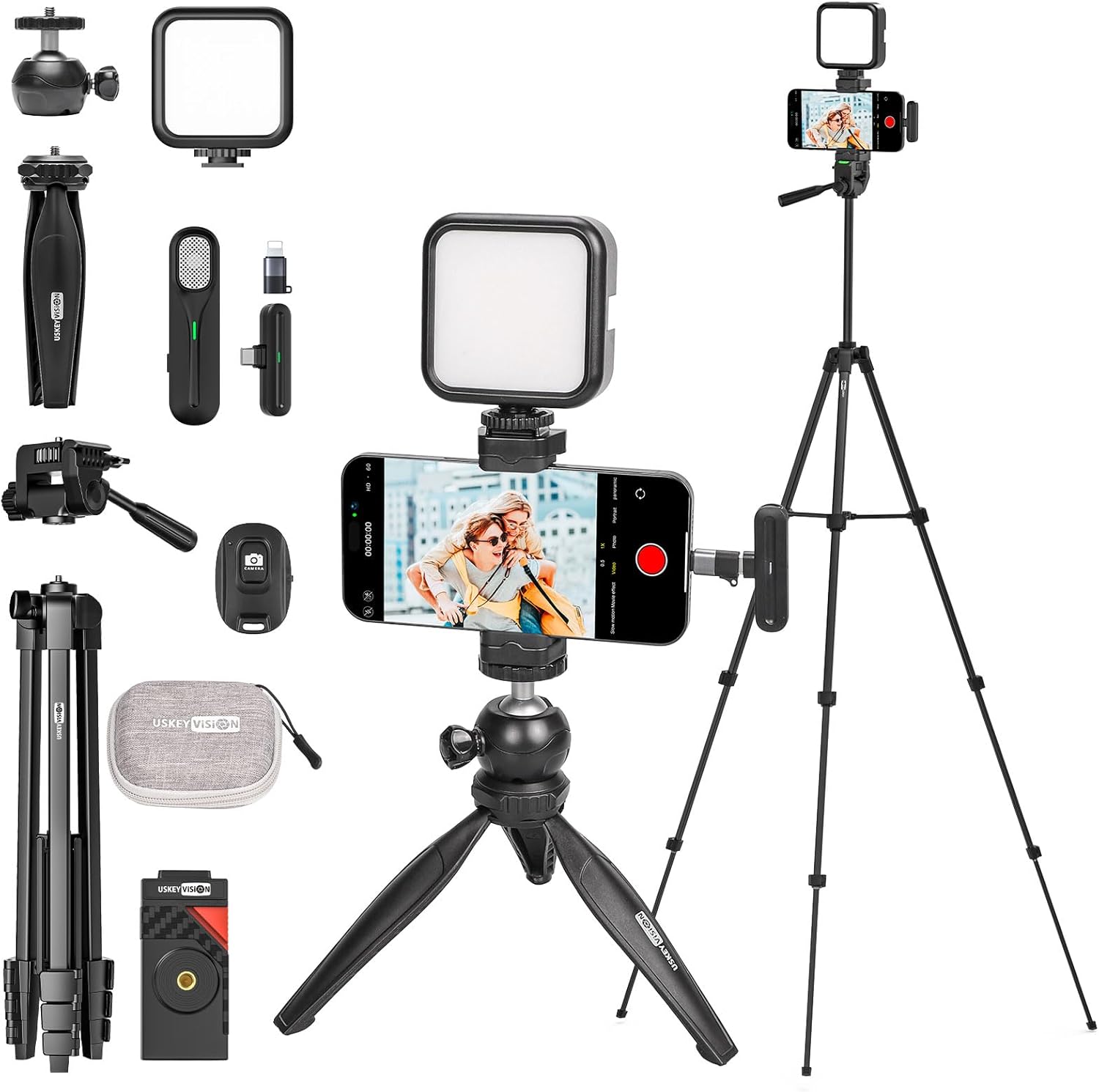 USKEYVISION Upgraded Vlogging Kit w/Wireless Lavalier Microphone,YouTube Kit for iPhone and Smartphone w/59” Retractable Tripod,Automatic Switch Phone Clamp,Content Creator Gear for TikTok(Vlog K5)