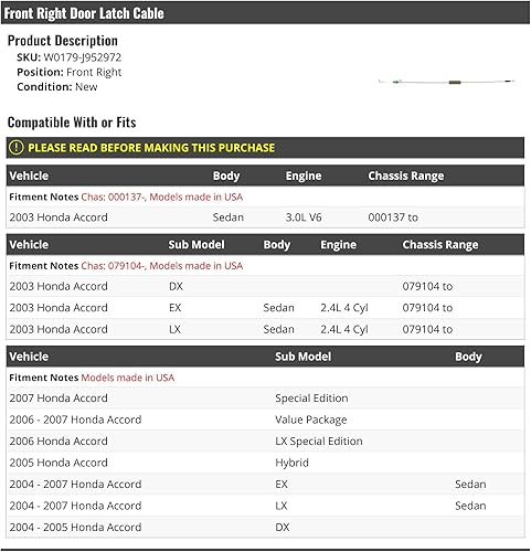Miniatura 1 de Cable de pestillo de puerta delantera derecha del lado del pasajero, compatible con Honda Accord 2003-2007 (vehículos fabricados en los Estados