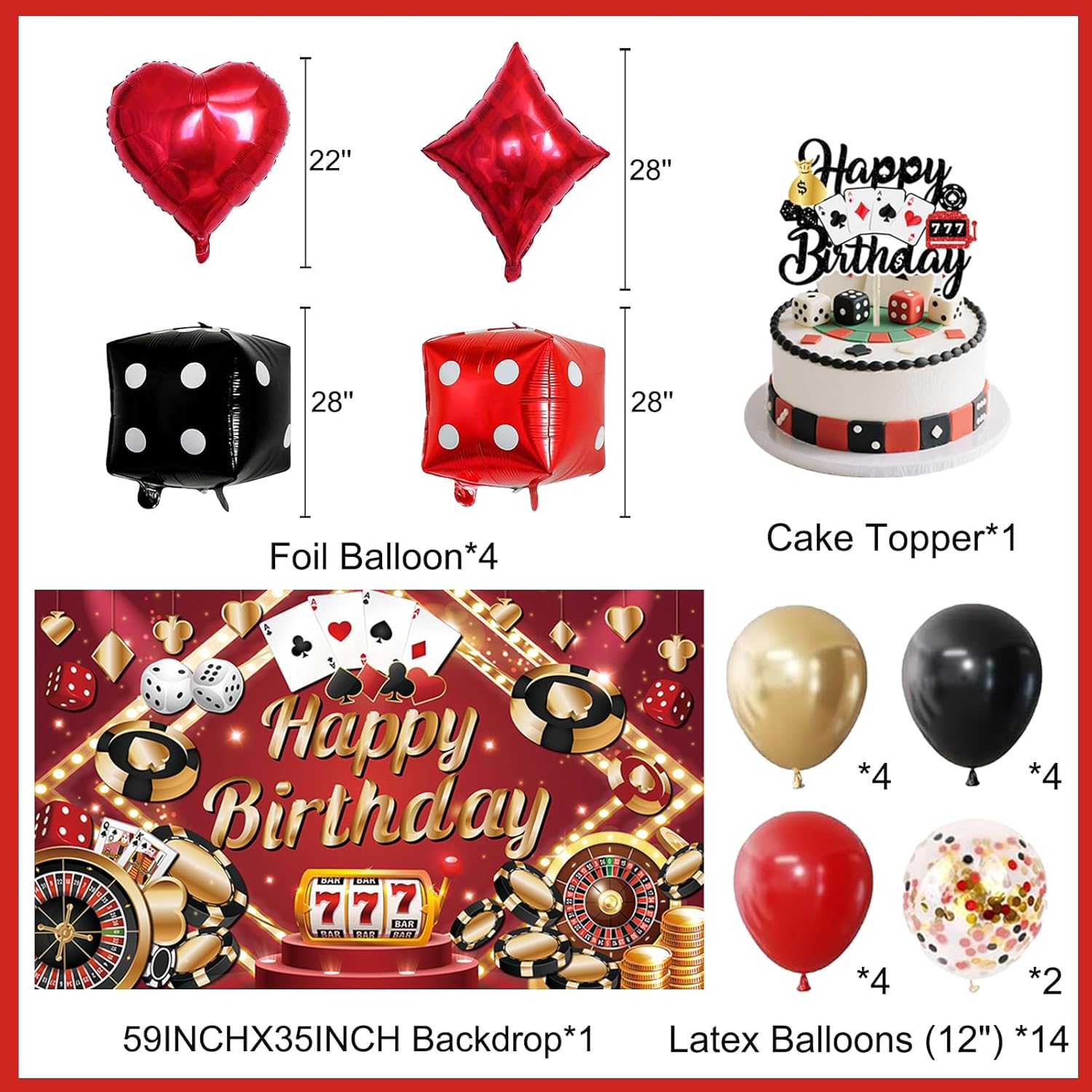Crenics Casino Birthday Party Decorations - Casino Birthday Backdrop, Banner, Hanging Swirls, 3D Table Card, Balloons and Cake Topper for Poker Theme Party Supplies - Image 3