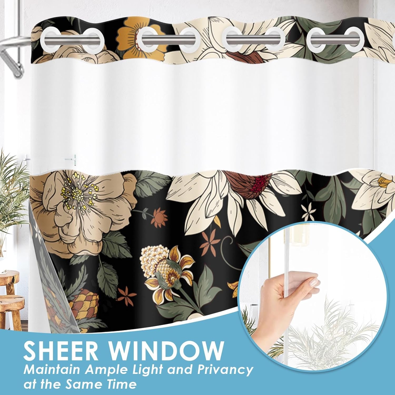 No Hook Boho Floral Shower Curtain with Snap in Fabric Liner Set, Vintage Colorful Flower Double Layers Waterproof Fabric with See Through Top Window Open Grommet Bath Curtain 71x74 Inch