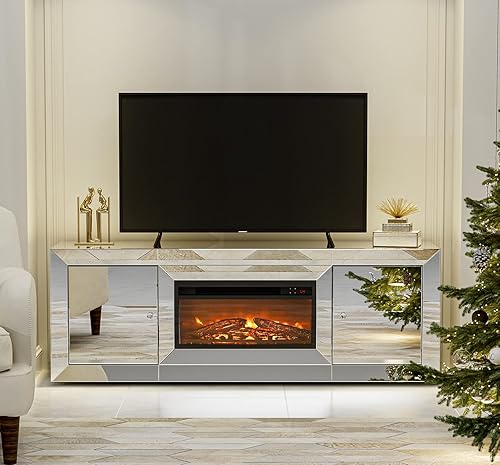 Miniatura 2 de IKIFLY Soporte de TV con chimenea de espejo para TV de más de 65 pulgadas, soporte de TV con chimenea, calentador independiente de mantel plateado