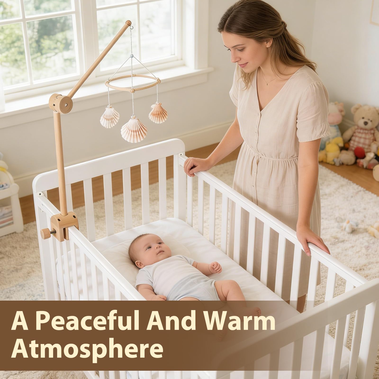 Soporte Móvil para Cuna de Bebé, Soporte de Madera Ajustable para Colgar, Brazo Extraíble 360° Rotación, Ideal Campanas de Viento, Juguetes y Decoración Habitación Infantil