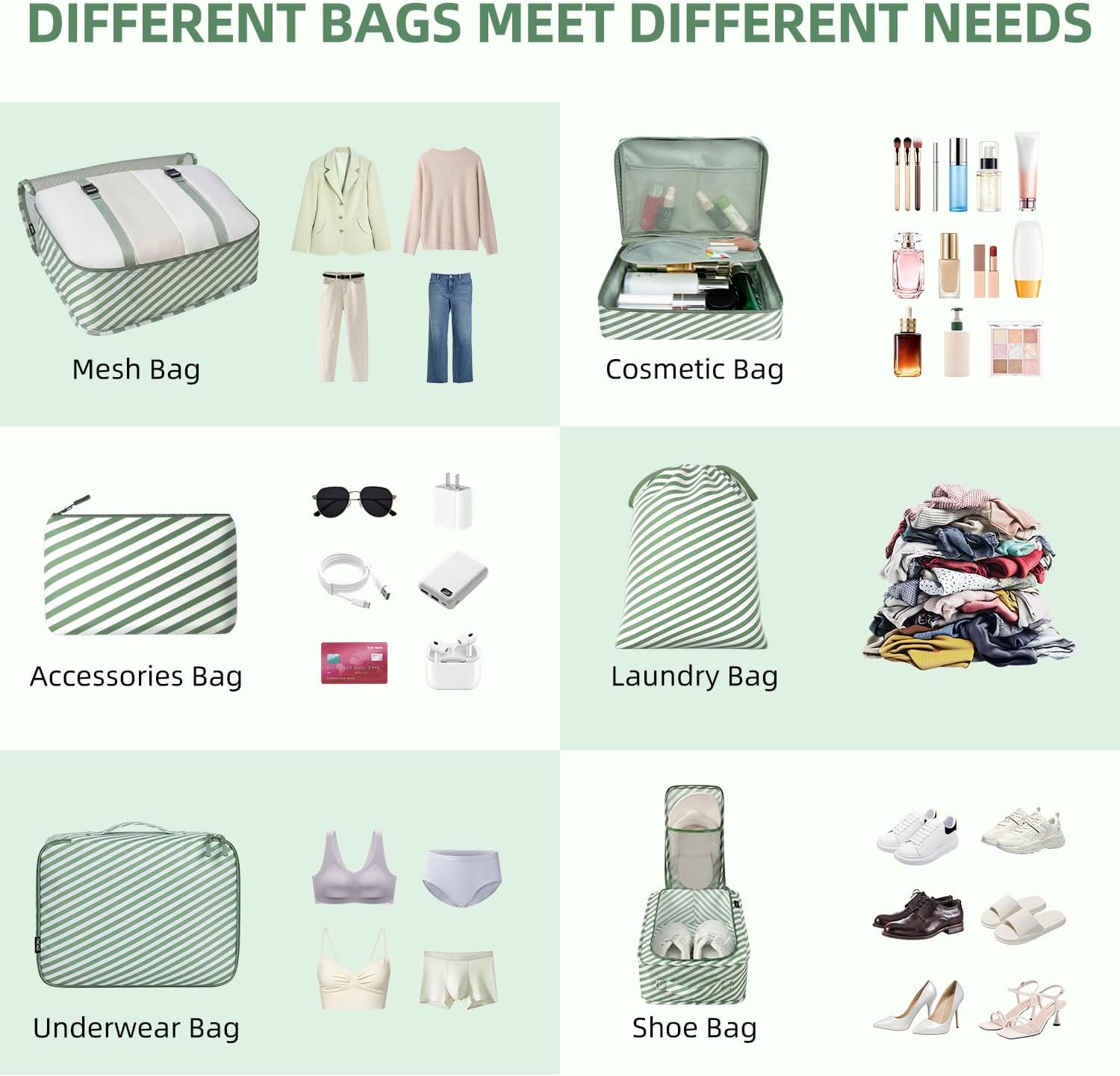 BAGAIL 8 Set Packing Cubes Luggage Packing Organizers for Travel Accessories-White and Matcha Stripe thumbnail