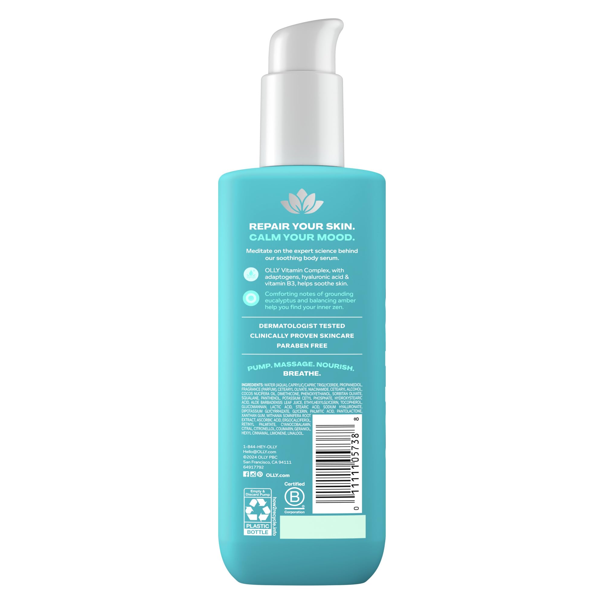 OLLY Calm Body Lotion-Serum with Hyaluronic Acid, Adaptogens & Vitamin B3– Nourishing Cleanser for Skin Barrier Repair, Deep Hydration, Eucalyptus Amber Scent, 8oz