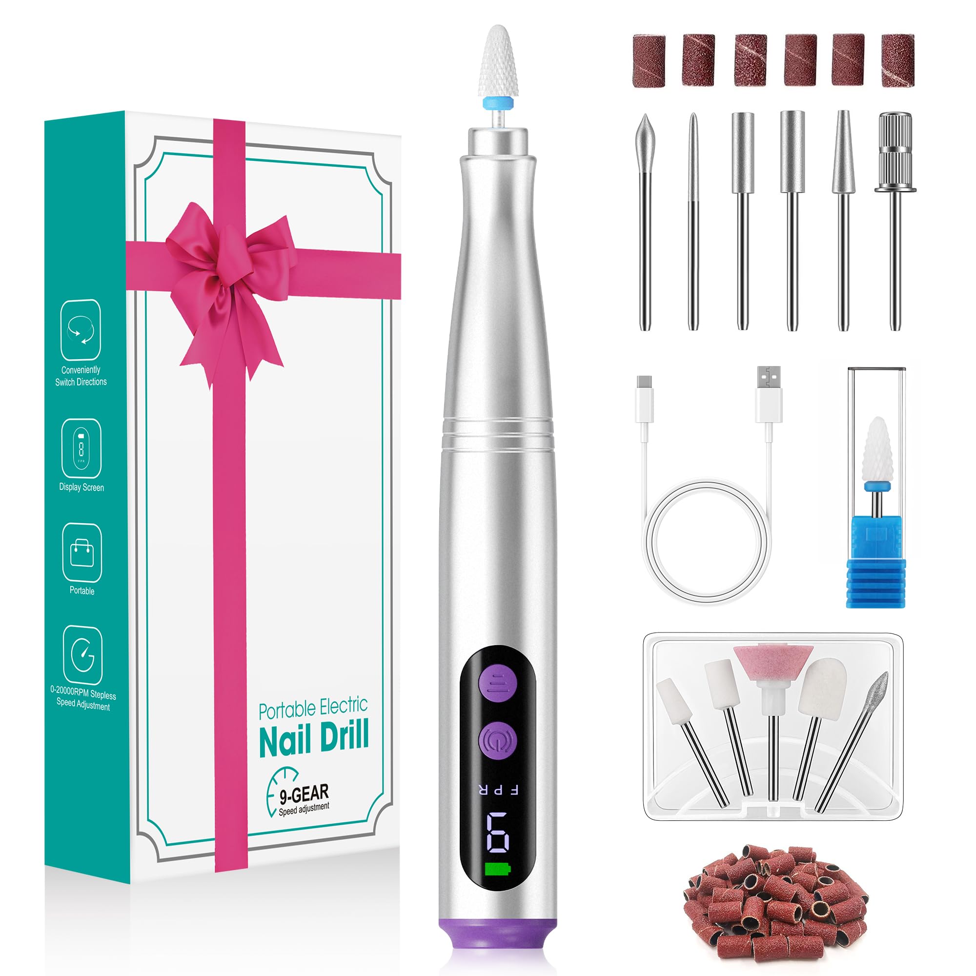 Fofile Nagelfräser Kabellos, 12 in 1 Elektrische Nagelfeile 9 Verstellbare Geschwindigkeit Fräser für Gelnägel Maniküre und Pediküre Set Elektrisch für Acrylnägel, Gelnägel Professionell Nail Drill