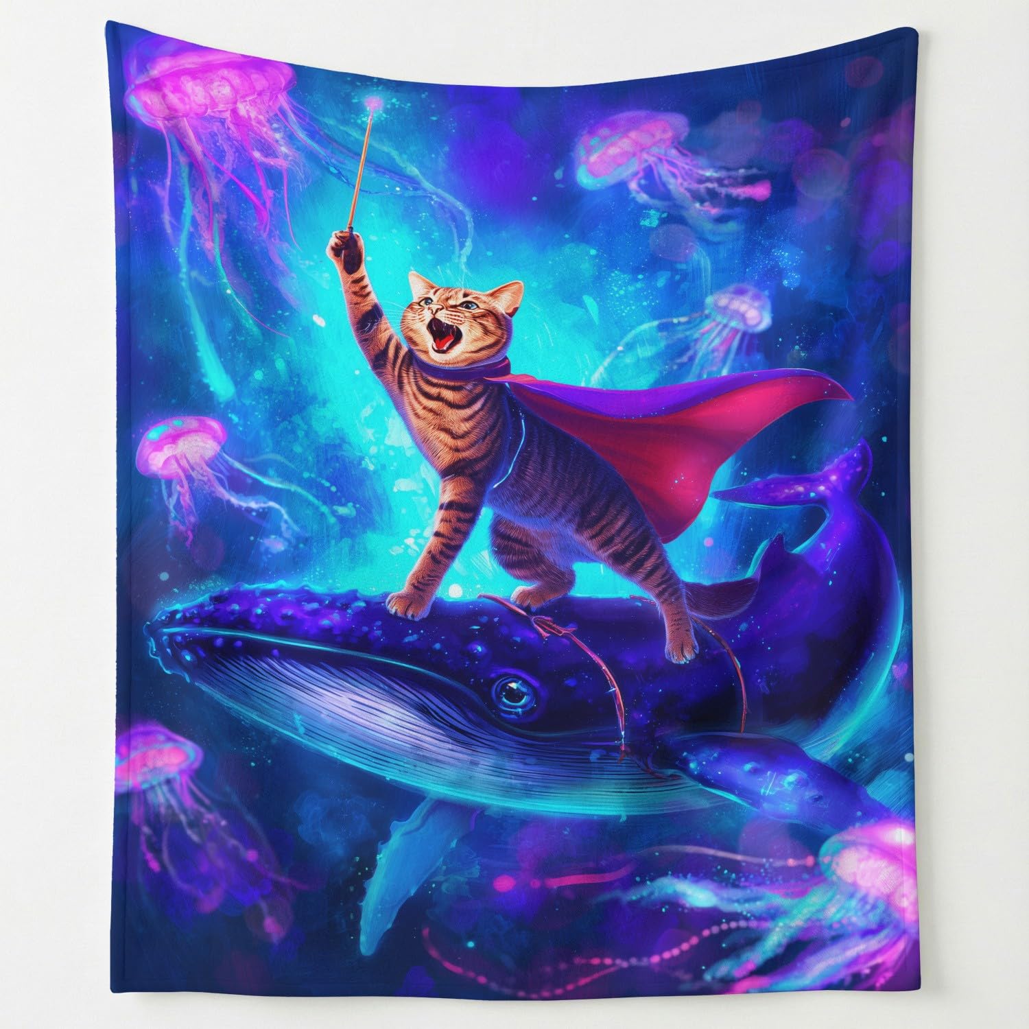 Generisch Koc magicznego kota, puszysty, miękki kot, wieloryb, koc polarowy do salonu, na kanapę lub łóżko, 150 x 180 cm, niebieski, prezent dla dzieci i rodziców