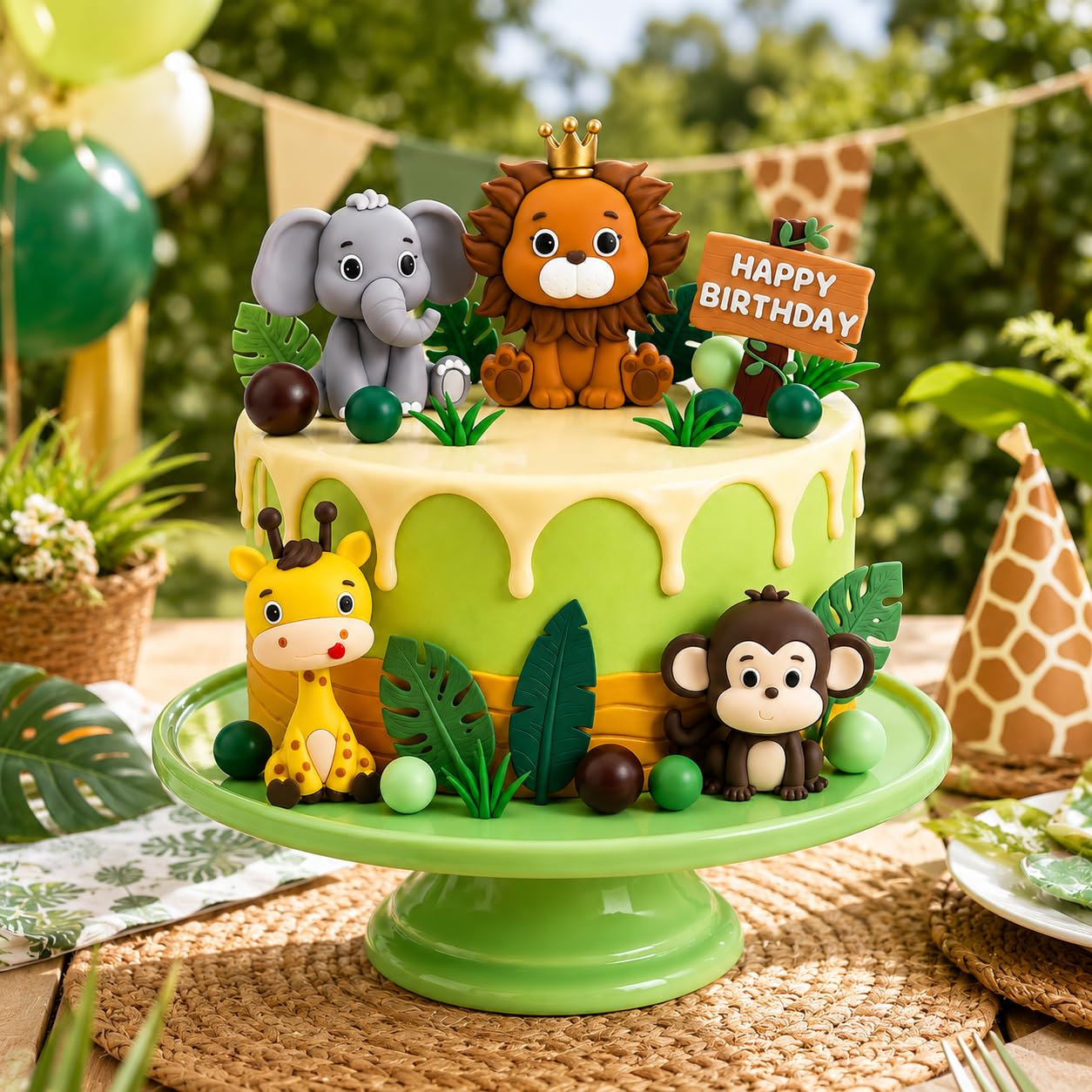 Dekoracja na tort, dżungla, safari, 19 sztuk, na urodziny dziecka, lew, żyrafa, małpa i słoń, idealna dekoracja na imprezę tematyczną safari, baby shower i urodziny, zwierzęta urodzinowe