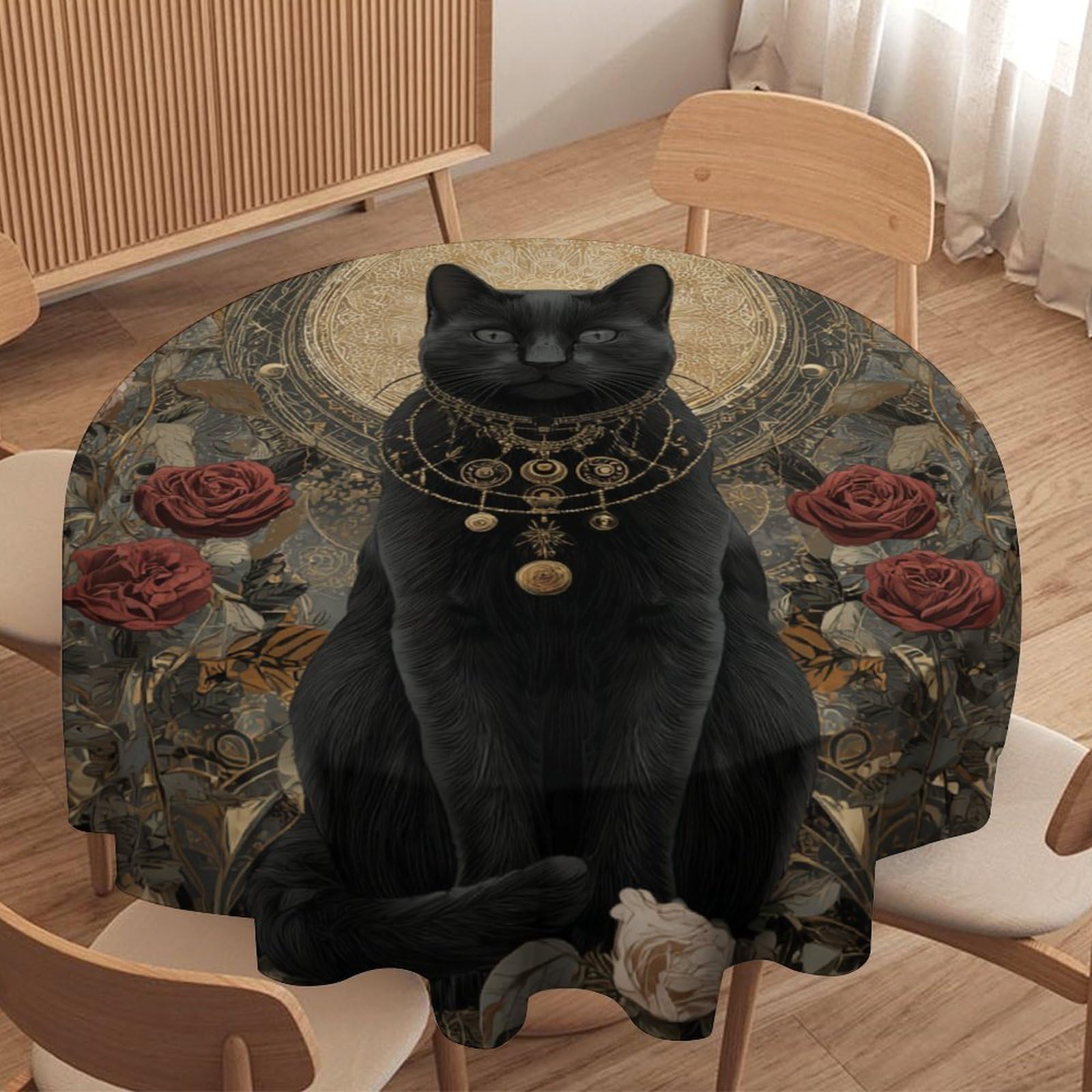 LUYYSKY Rustic Abstract Animal Cat Waterproof Round Tablecloth Boho Aesthetic Moon Phase Black Cat Roses Flowers Print Washable Table Cover for Kitchen-127 Wx127 L cm