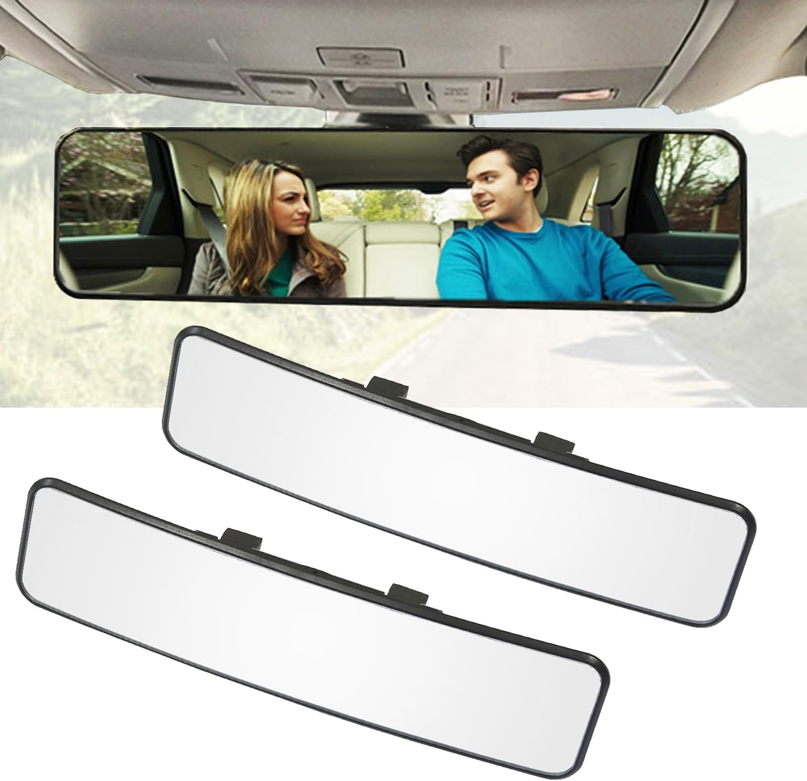 2 Pack Rear View Mirror, Universal 11.4 Interior Clip On Panoramic Rearview Mirror to Reduce Blind Spot Effectively - Wide Angle – Convex – Clear, For Cars, SUV, Trucks