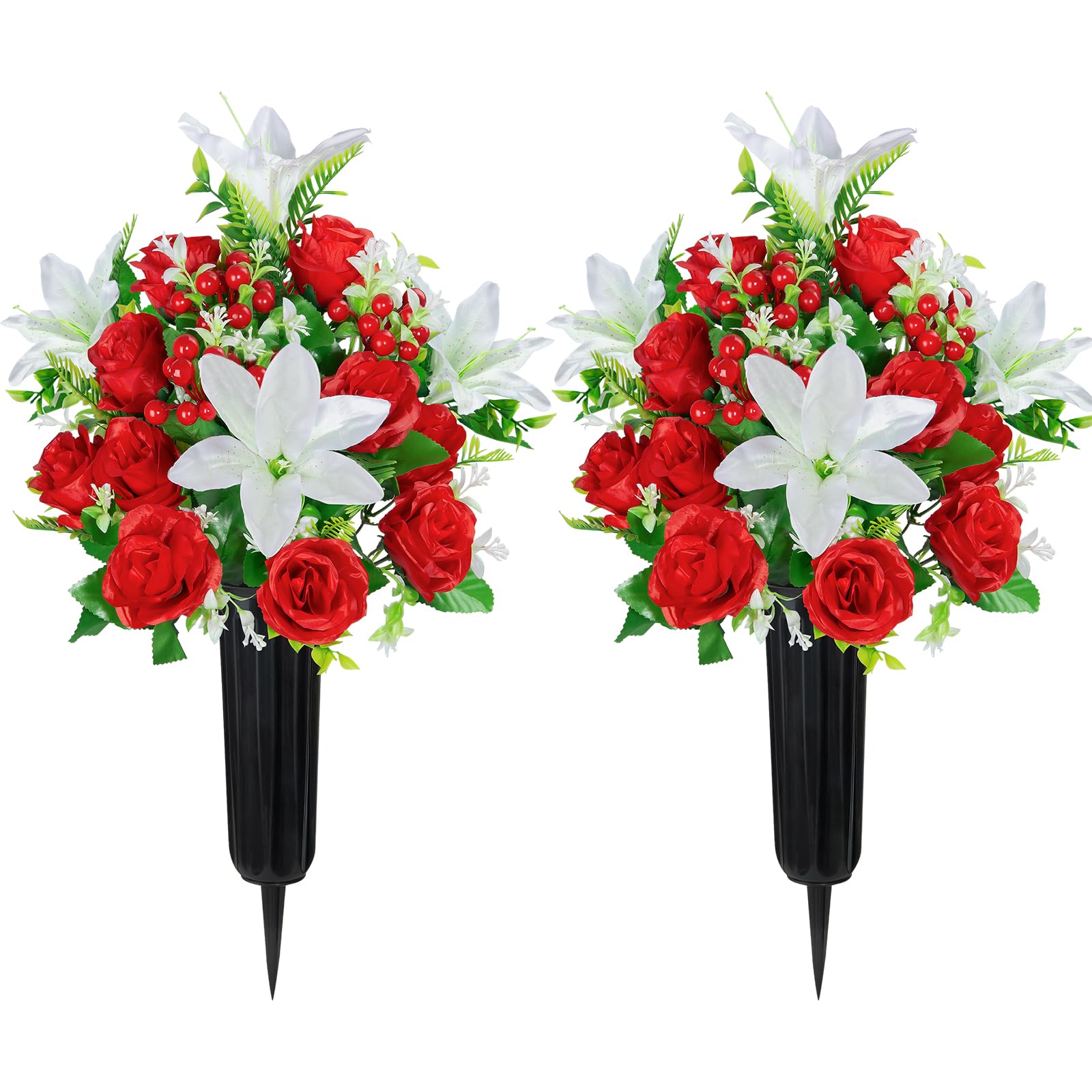 Velibobo Red Set Of 2 Artificial Grave Flowers, 18 Heads Memorial Cemetery Flowers, Funeral Rose Bouquets With Vases For Outdoor Graveside Decoration