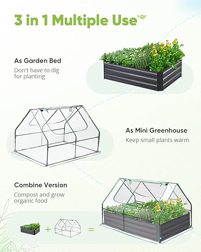Miniatura 3 de Quictent Juego de 2 macetas elevadas de acero galvanizado extra grueso de 4 x 3 x 1 pies con invernadero, 2 ventanas grandes con cremallera de doble