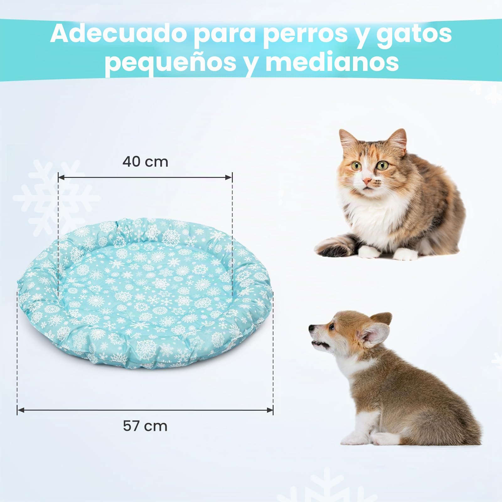 PETTOM - Alfombrilla refrescante de Gel para Perros y Gatos, Ideal para Perros pequeños y Gatos en Verano (Copo de Nieve con Almohada, Diámetro 57cm)