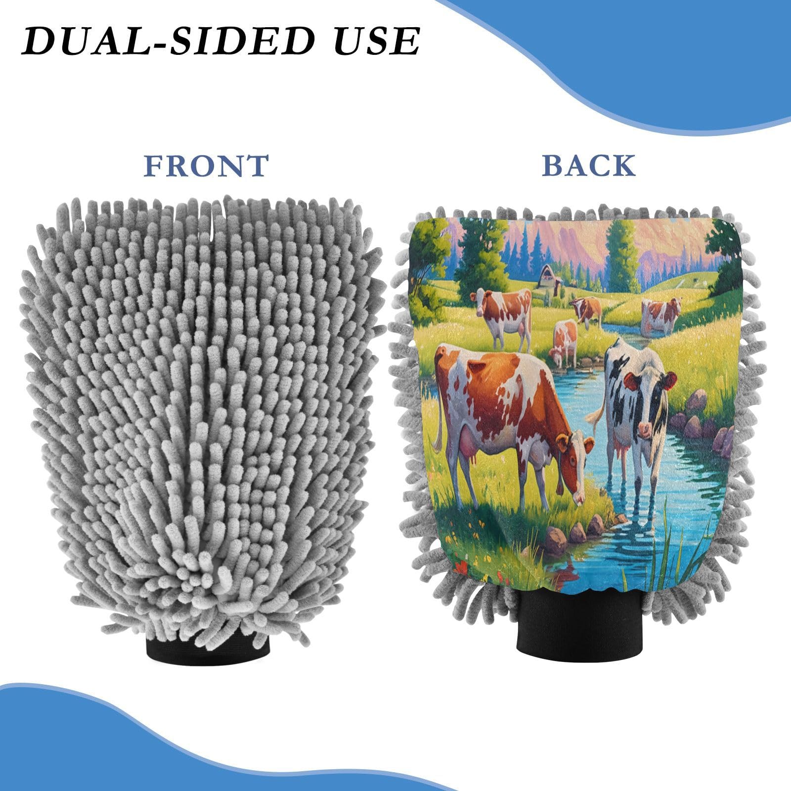 STAYTOP Ranch Cows Car Wash Mitt Microfiber, 2Pcs Scratch Free Lint-Free, Premium Chenille Microfiber Mitt Car Wash Brush-M
