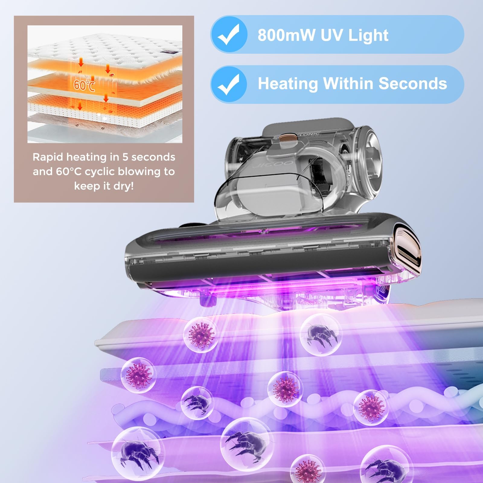 JIGOO T600 Aspiratore acaro per materassi, 700 W aspirapolvere acari con luce UV, 15 kpa attrazione acari aspirapolvere antiacaro rimuove il 99,9%, indicatore LED, 72 dB a basso rumore