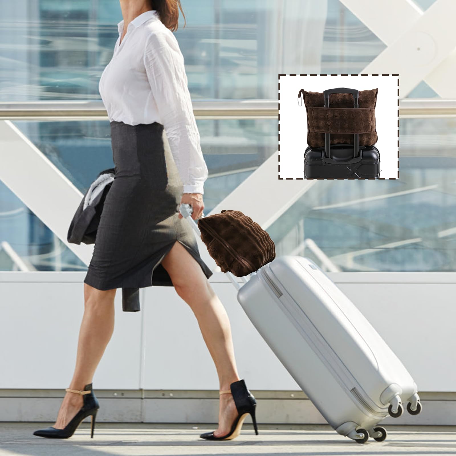 Manta de viaje para avión, tren y automóvil, manta de viaje suave o almohada 2 en 1, compacta con bolsa de almohada portátil, manta de vuelo con funda de equipaje y clip para mochila, marrón 4