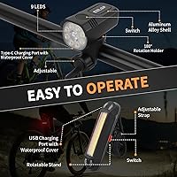 Vista 7 de Bike Light for Night Riding, 2000LM/1000LM Bicycle Headlight & Taillight, Multiple Modes,3000mAh/2000mAh USB C Rechargeable Waterproof LED Bright