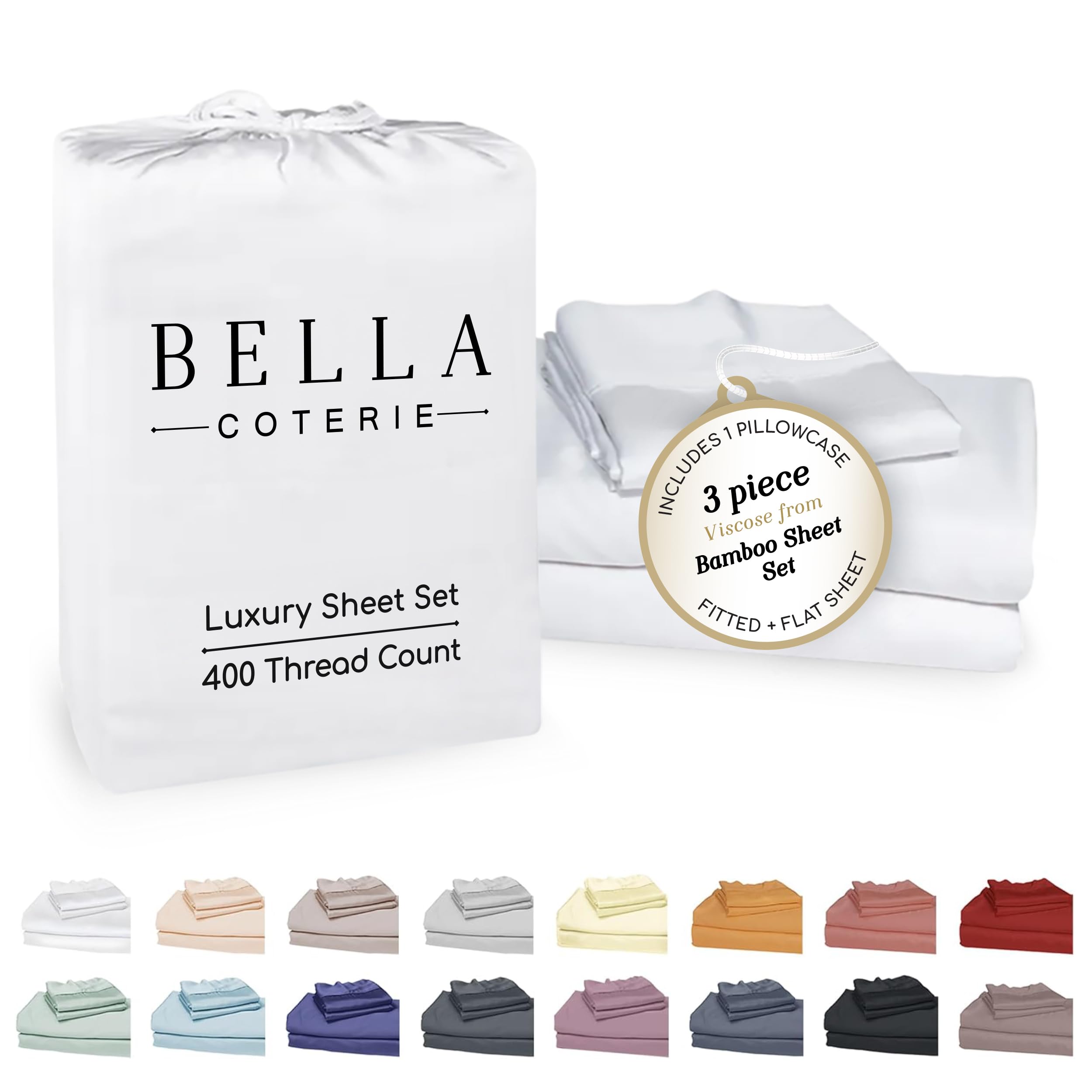 Bella Coterie Luxury Bamboo Viscose Twin XL Size Sheet Set | 100% Organically Grown | Ultra Soft | Cooling for Hot Sleepers | 18" Deep Pocket [White]