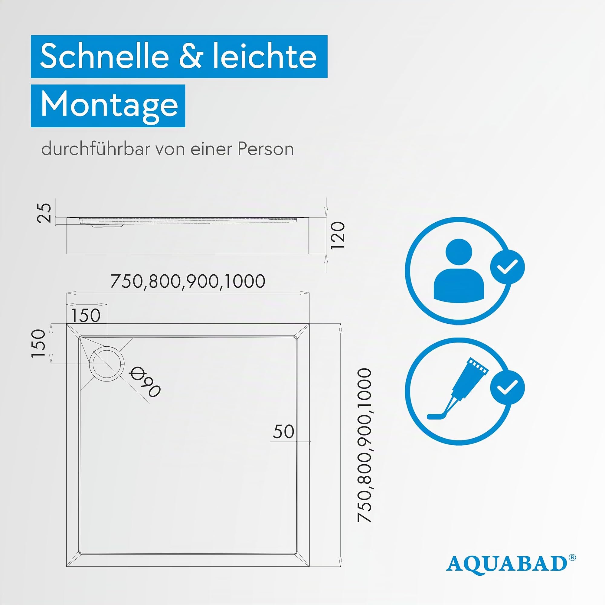 AQUABAD Duschwanne/Duschtasse | Ultima mit LeakProtect Technologie Smooth White 90x90cm Quadrat
