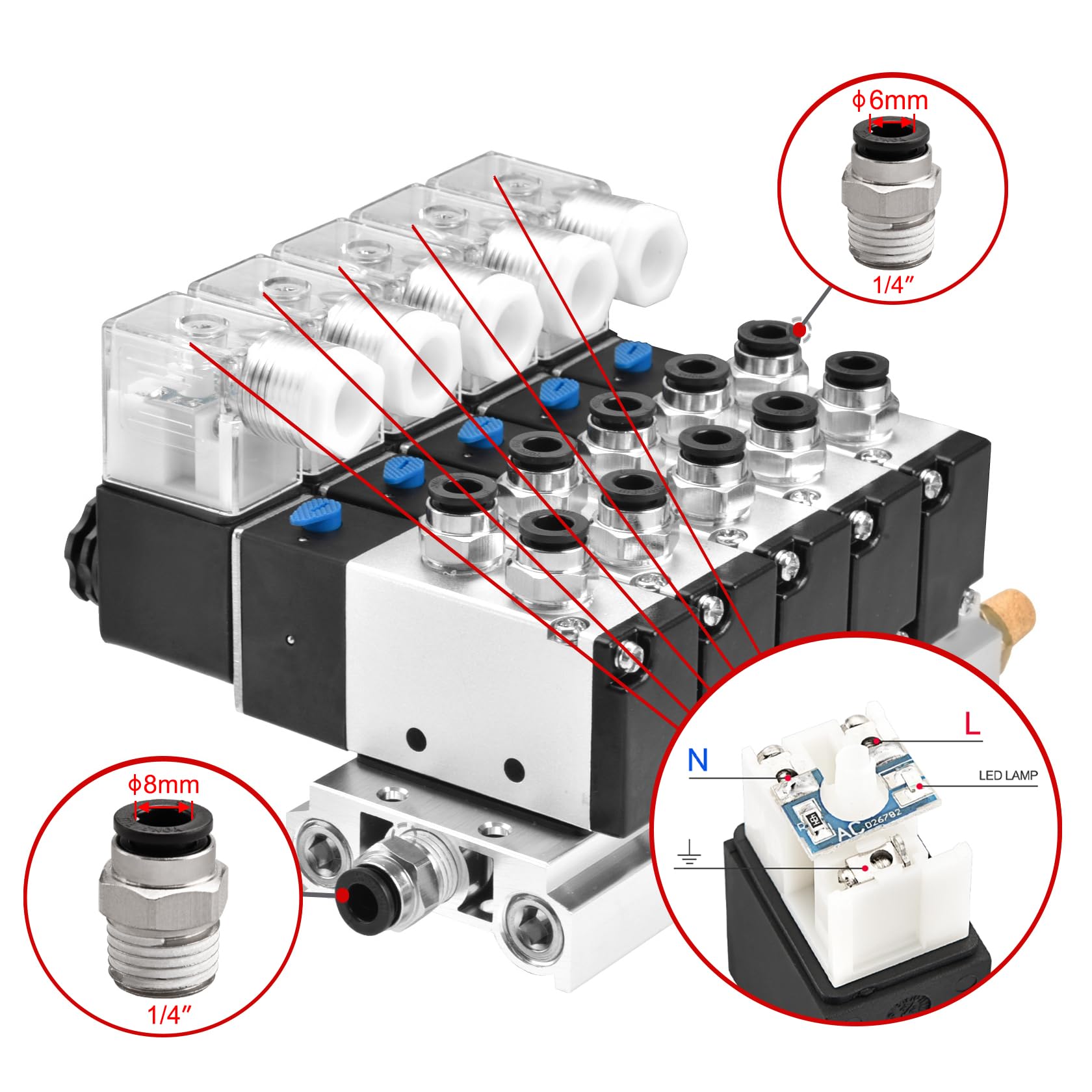 Heschen Válvula solenoide neumática eléctrica 5, 4V210-08, AC220V, PT1/4'', posición 5 vías 2, conjunto de accesorios rápidos del silenciador base del colector