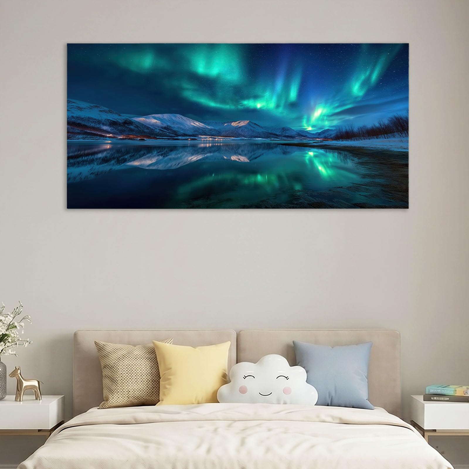 Płótno Natura Krajobraz ścienny 140 x 70 cm Niebieski Zorza polarna Śnieżek Jezioro - Obraz na płótnie na drewnianej ramie i dekoracja do salonu i sypialni
