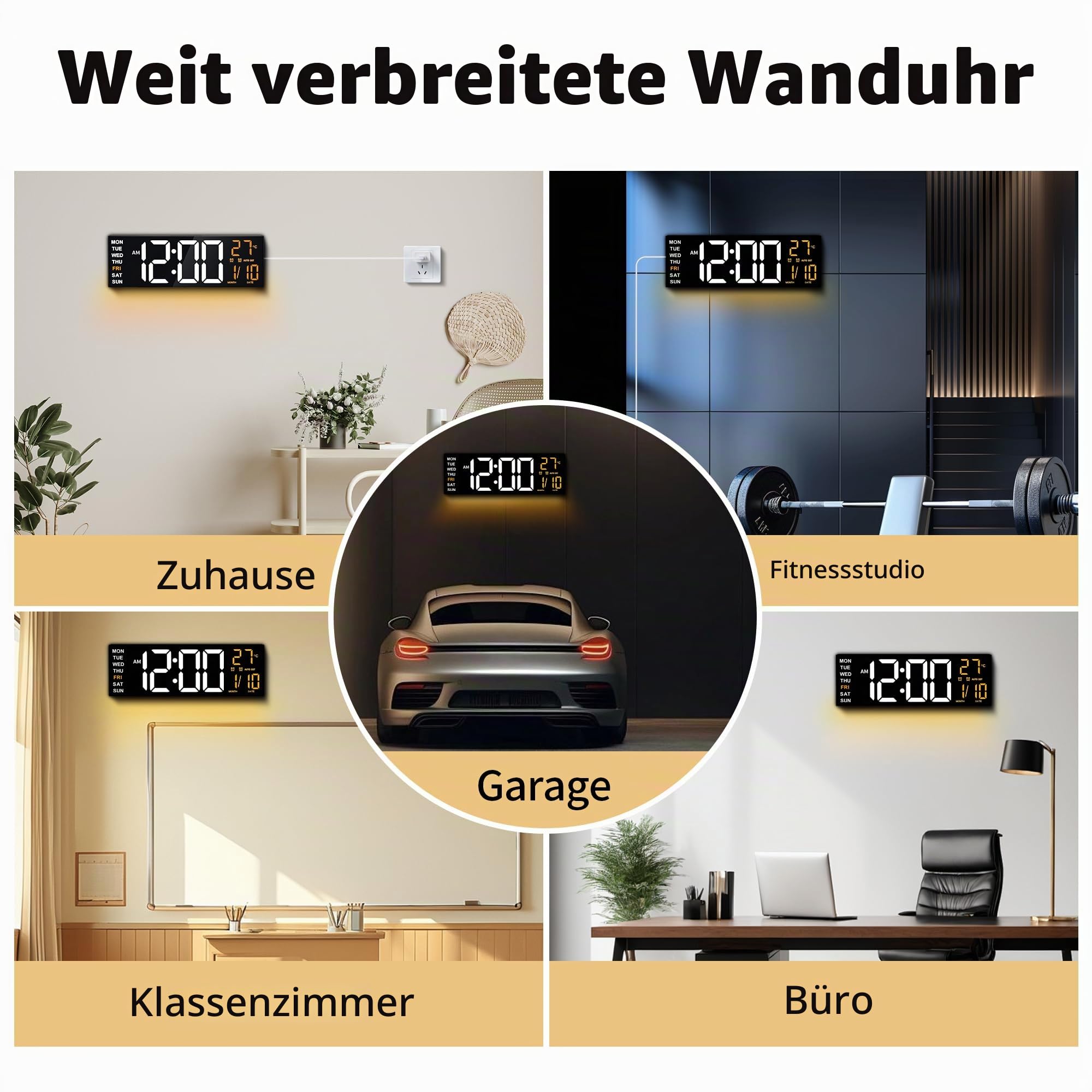 16,5" Große LED Digital Wanduhr mit Nachtlicht, Automatischer Dimmfunktion, 2 Weckern, 8 RGB-Farben, Temperaturanzeige, Fernbedienung, 12/24 Std., Timer für Wohnzimmer, Schlafzimmer, Büro
