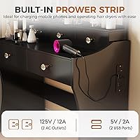 Vista 5 de COMHOMA Escritorio de tocador con espejo y luces, juego de mesa de tocador y silla con 4 cajones y estación de carga, cómoda de dormitorio