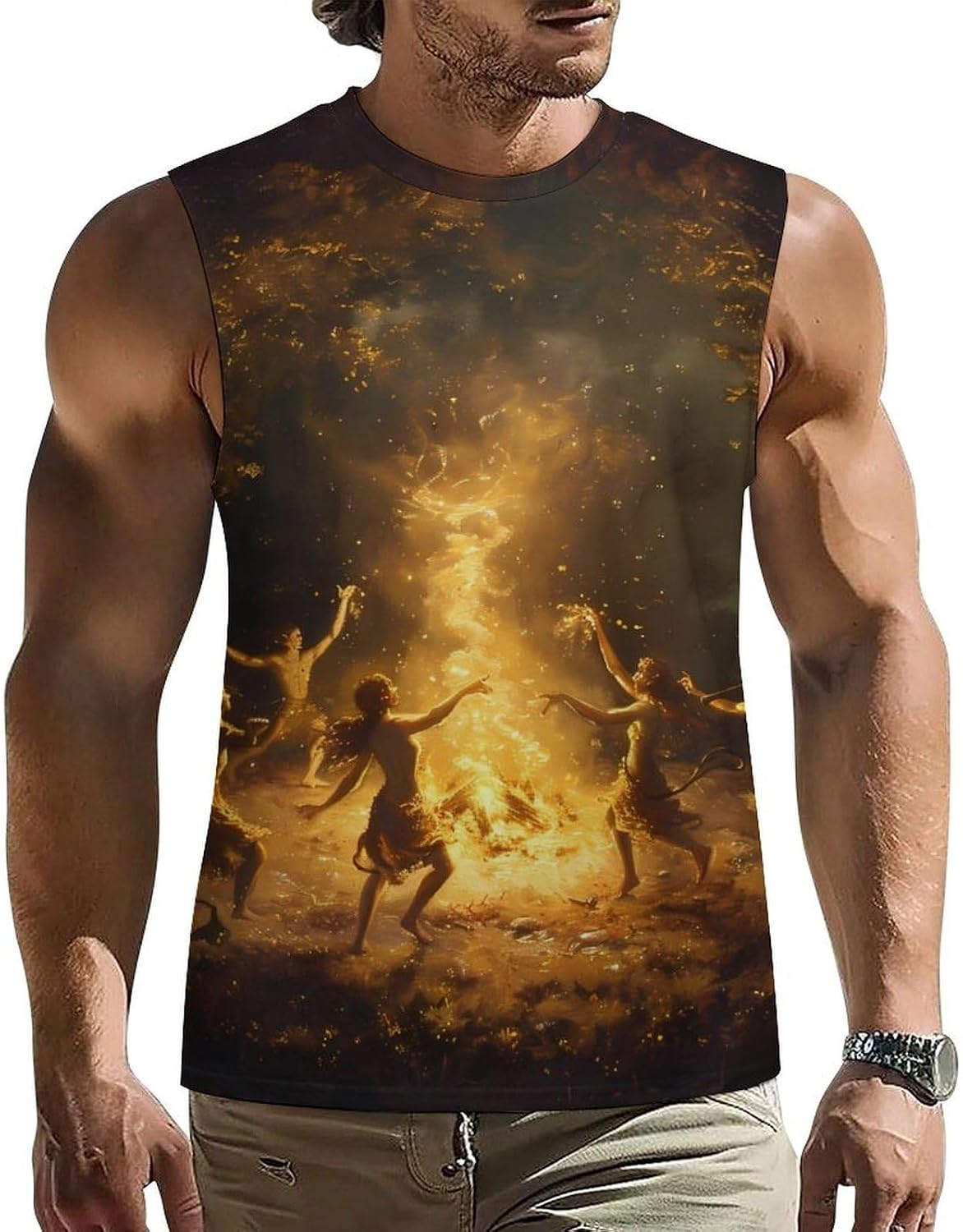 Forests Ritual Around Bonfire Men Summer Sleeveless Crew Neck Top 5XL