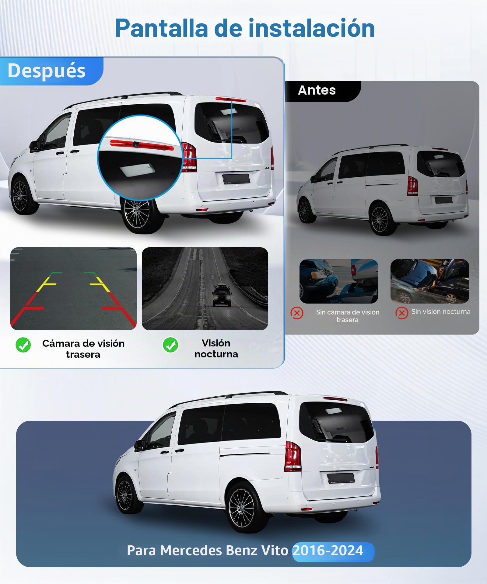 Hodozzy Cámara de Visión Trasera para Mercedes Benz Vito 2016-2024, Cámara para Tercera Luz de Freno, Visión Nocturna por IR, Resistente al Agua IP67, con Línea de Marcha Atrás