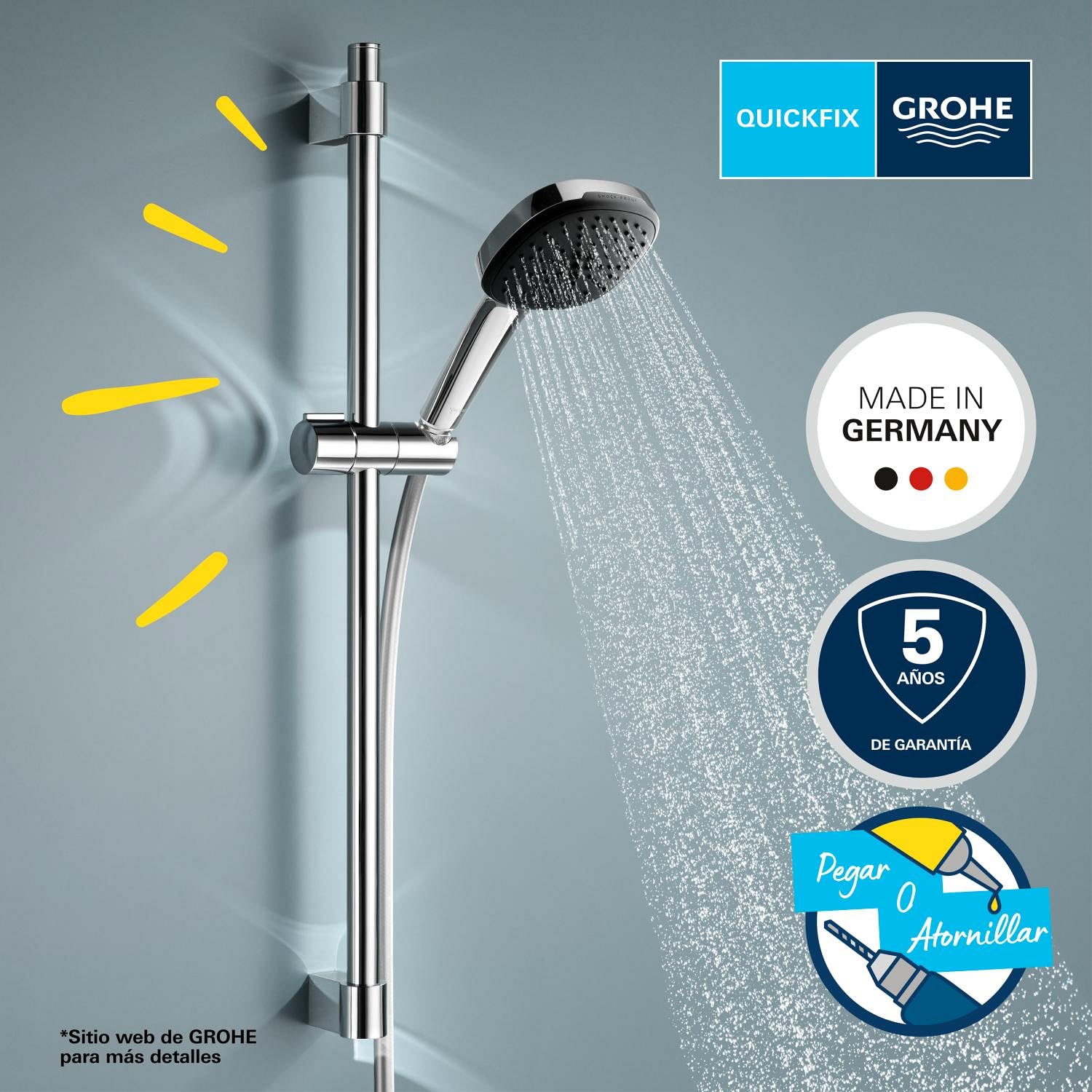 GROHE Vitalio 110 - Conjunto de ducha con barra (ahorro de agua 8L/min), teleducha de 2 chorros, flexo 1,75m y barra 60cm, montaje para pegar o atornillar, eckig (cuadrado), cromo, 26398001