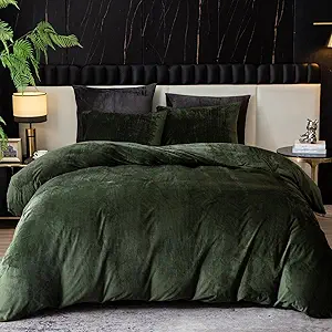 Ivellow Velvet Duvet Cover King Set Dark Green Comforter Cover 3Pcs Ultra Soft Cover Breathable Solid Luxury Flannel Velour Duvet Cover Zipper Closure Corner Tie