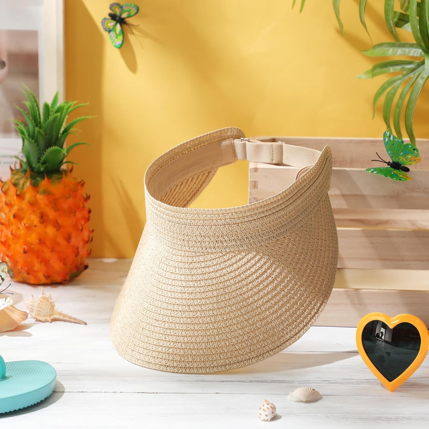 Sun Visor Hat for Women Wide Brim Straw Visors Beach Hat Ponytail UV UPF Packable Foldable Travel - Image 3