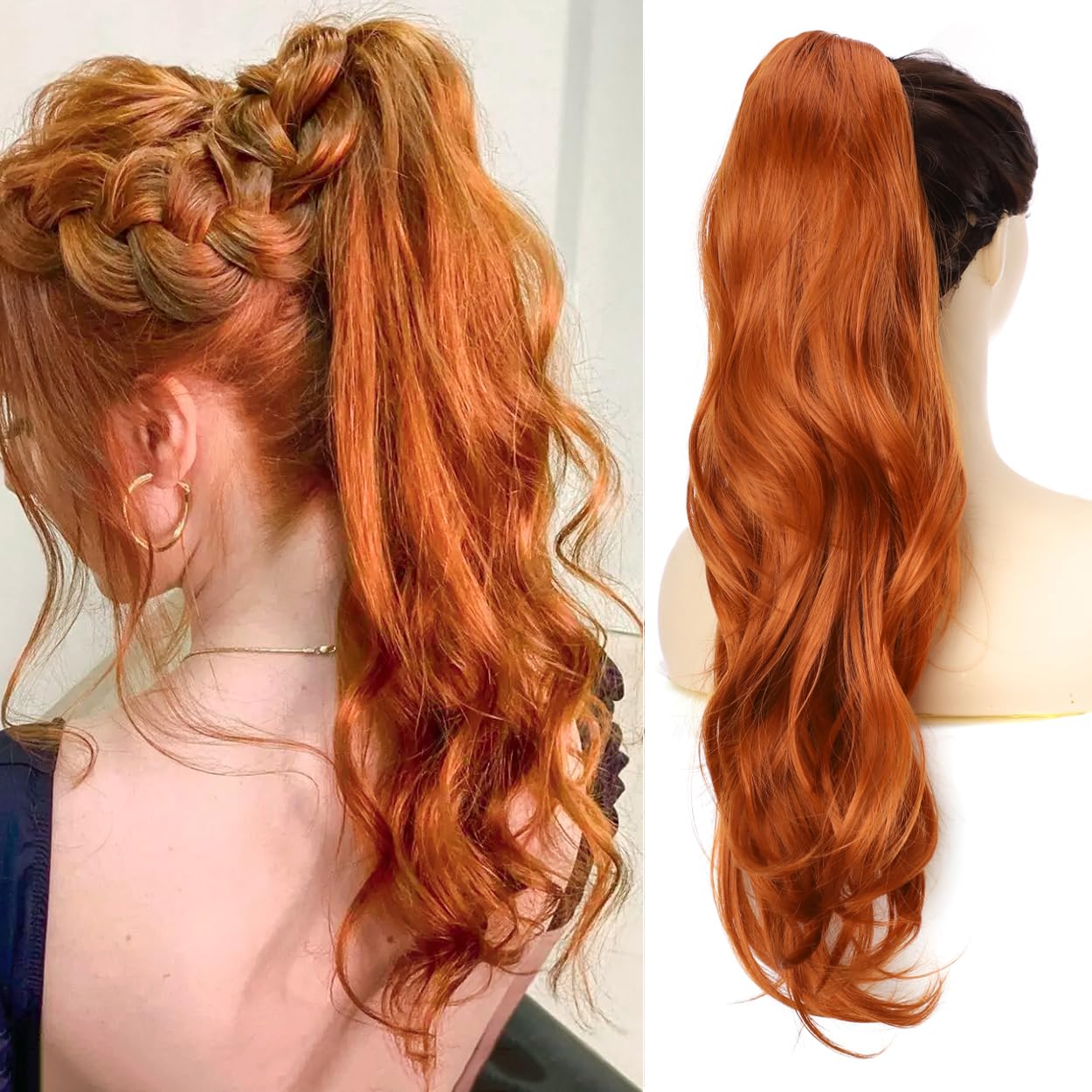 PORSMEER Ponytail Extension,Drawstring Ponytail Hair Extensions 26 Inch Long Natural Straight Wavy End Synthetic Hairpiece for Women Girls Daily Use (Ginger)