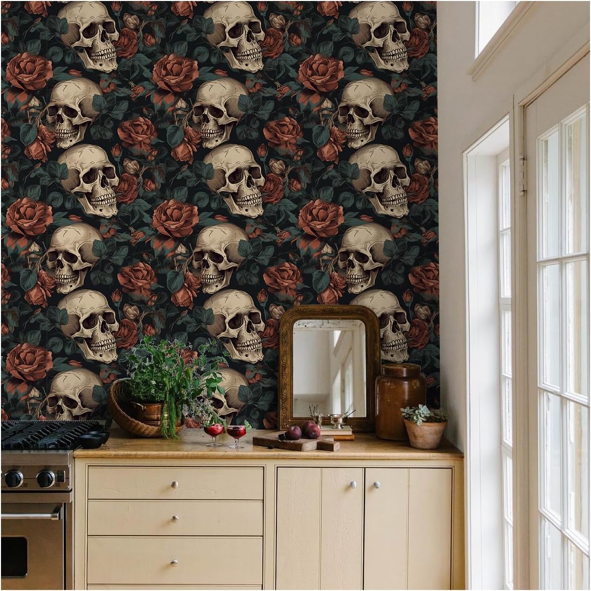 Gothic Skull Peel and Stick Wallpaper, Dark Floral Vintage Renter Friendly Contact Paper for Cabinet, Drawer and Shelf Liner, Black Goth Witchy Removable Wall Decor for Bedroom, 17.5” x 118”